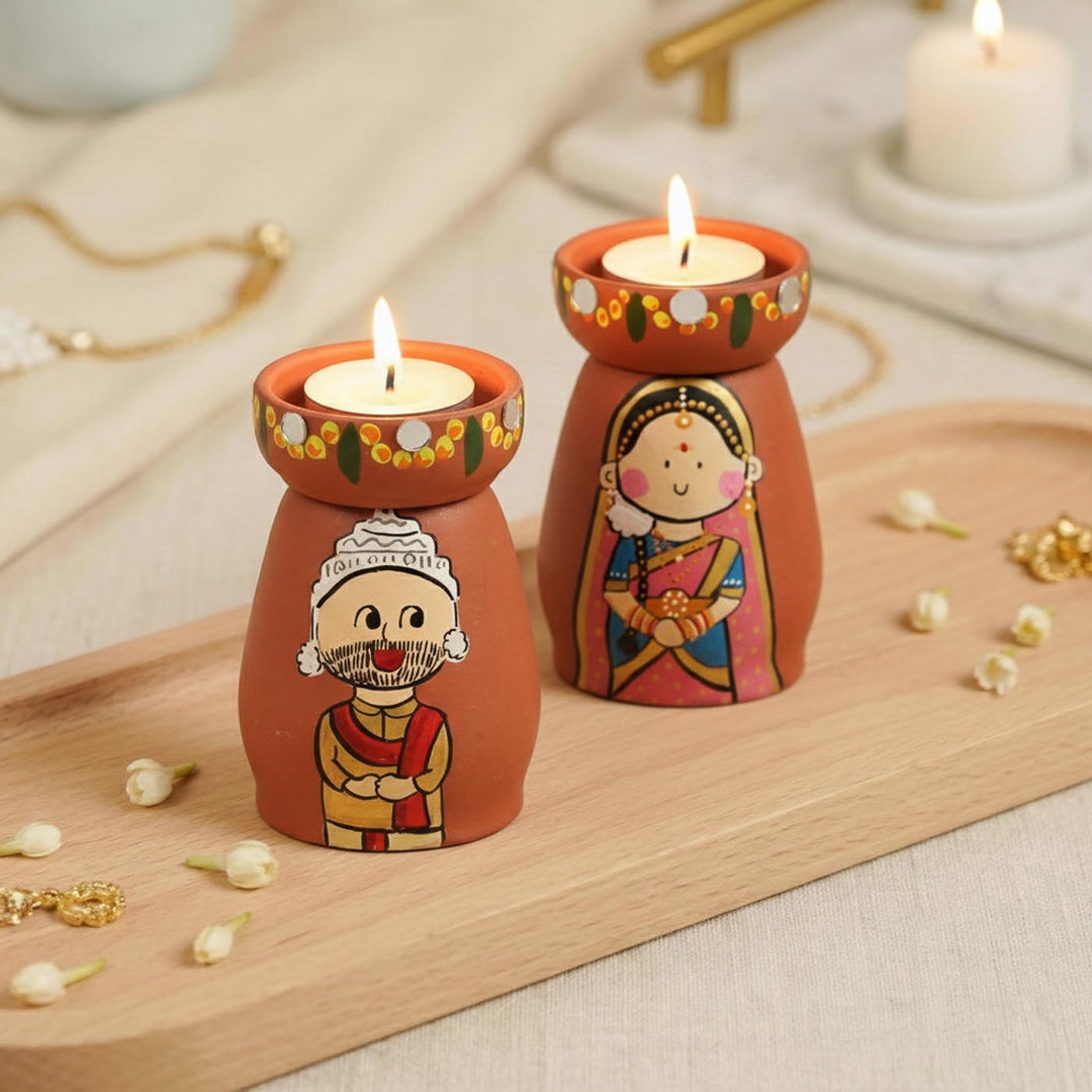 2 Pc | Bengali Couple Handpainted Terracotta Tealight Holders