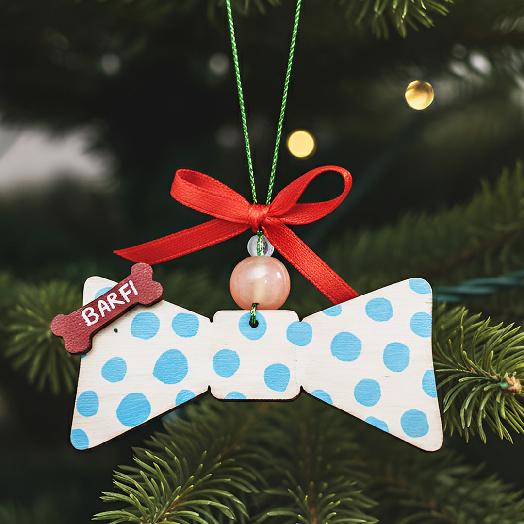 Personalized Polka Dot Dog Bow MDF Wood Ornament For Tree Decoration