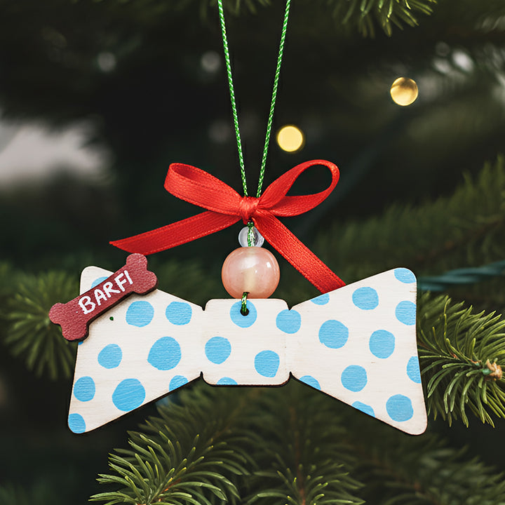 Personalized Polka Dot Dog Bow MDF Wood Ornament For Tree Decoration
