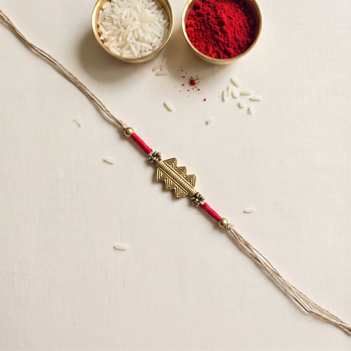 Handcrafted Patwa Work Brass Design Rakhi With Roli Chawal For Brother
