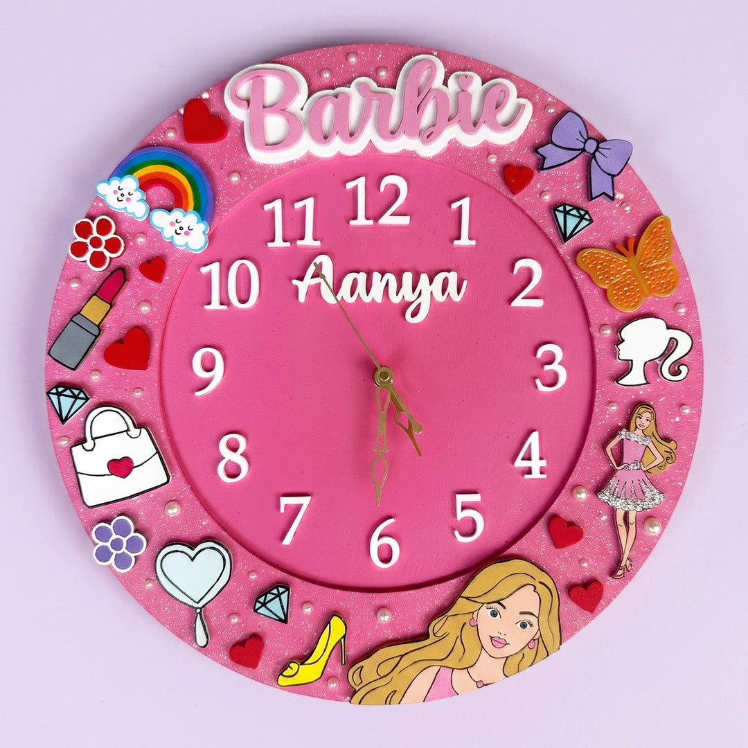 Personalised Barbie Theme Kids Wall Clock | 14 inch