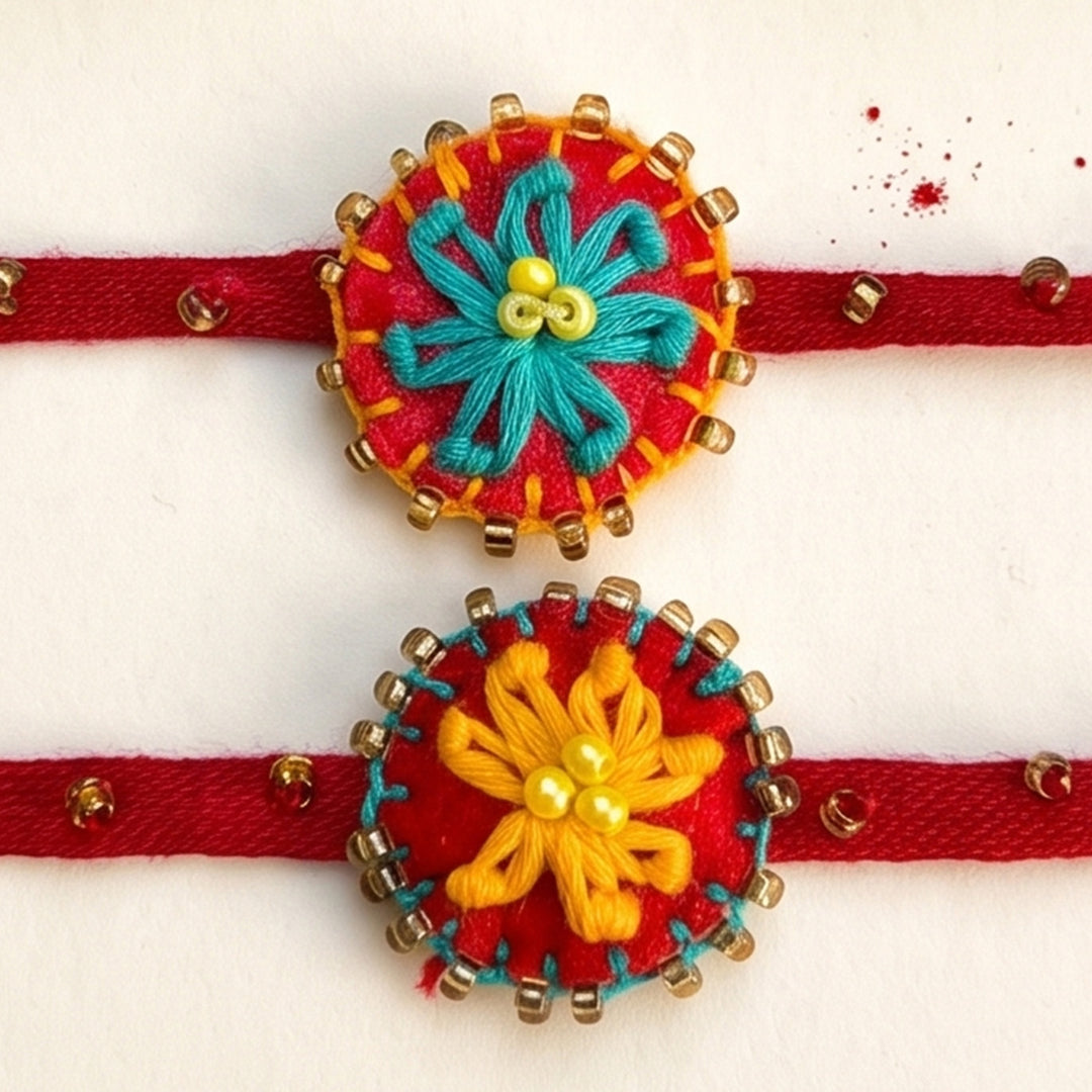 2 Pc | Hand Embroidered Daisy Flower Rakhis With Roli Chawal For Brother