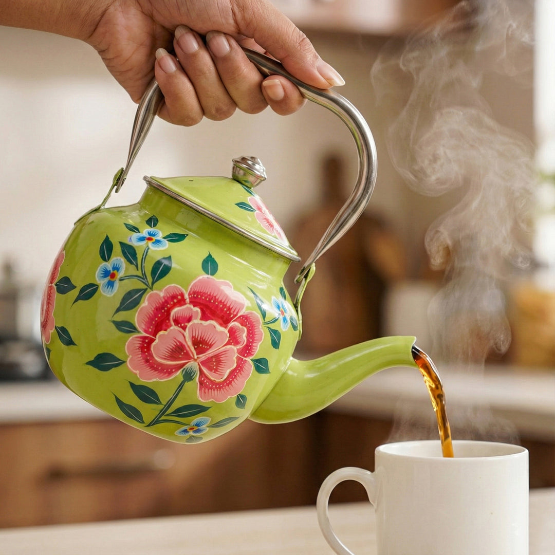 Hand-Painted Pastel Green Floral Kashmiri Art Stainless Steel Teapot