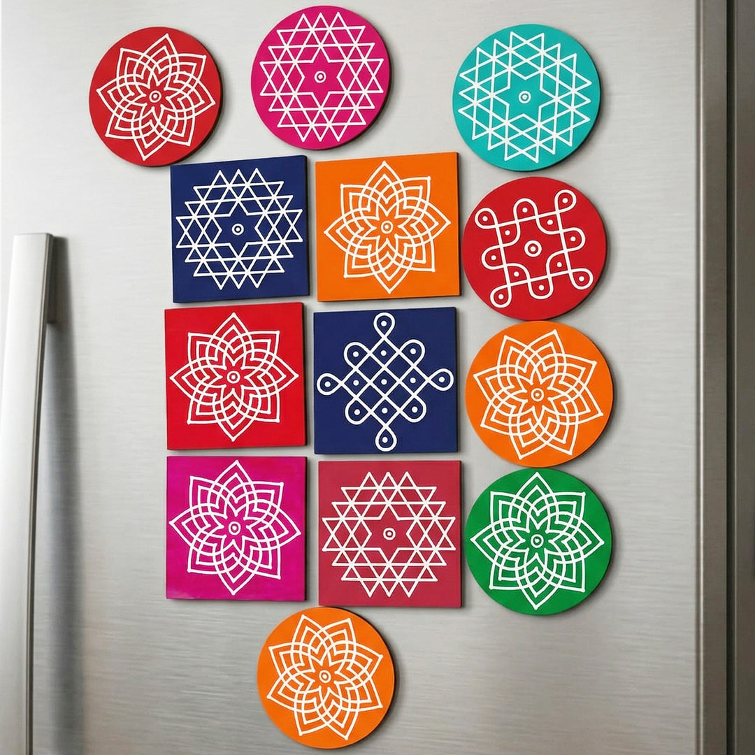 12 Pc | Traditional Kolam Wooden Fridge Magnet