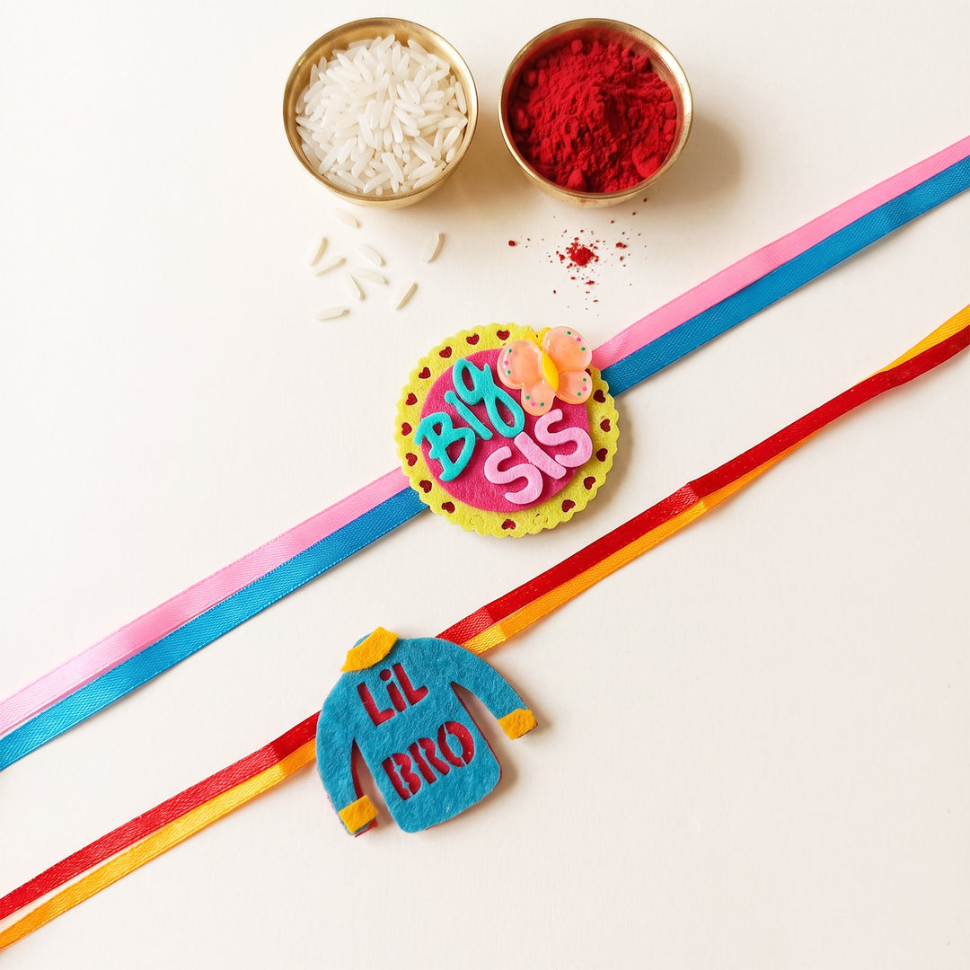 Handmade "Big Sis" Butterfly & "Lil Bro" Felt Kids Rakhi Combo With Roli Chawal For Brother & Sister | Set Of 2