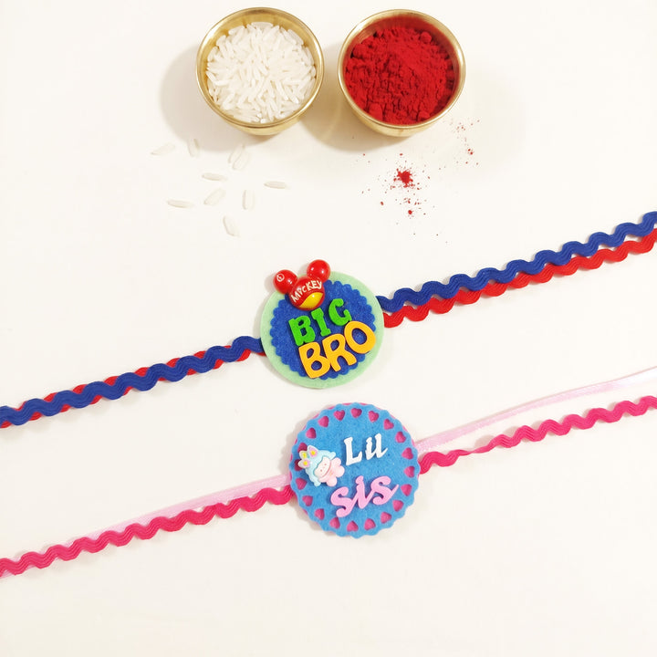 Handmade "Big Bro" Mickey & "Lil Sis" Doll Felt Kids Rakhi Combo With Roli Chawal For Brother & Sister | Set Of 2