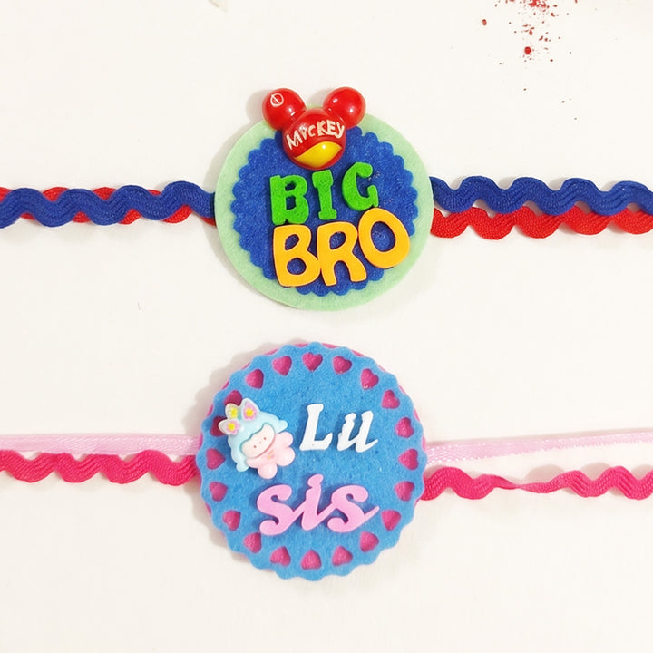 Handmade "Big Bro" Mickey & "Lil Sis" Doll Felt Kids Rakhi Combo With Roli Chawal For Brother & Sister | Set Of 2