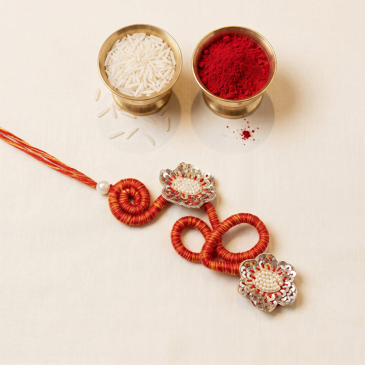Moli Thread Decorative Floral Motif Lumba Rakhi With Roli Chawal For Sister/Bhabhi