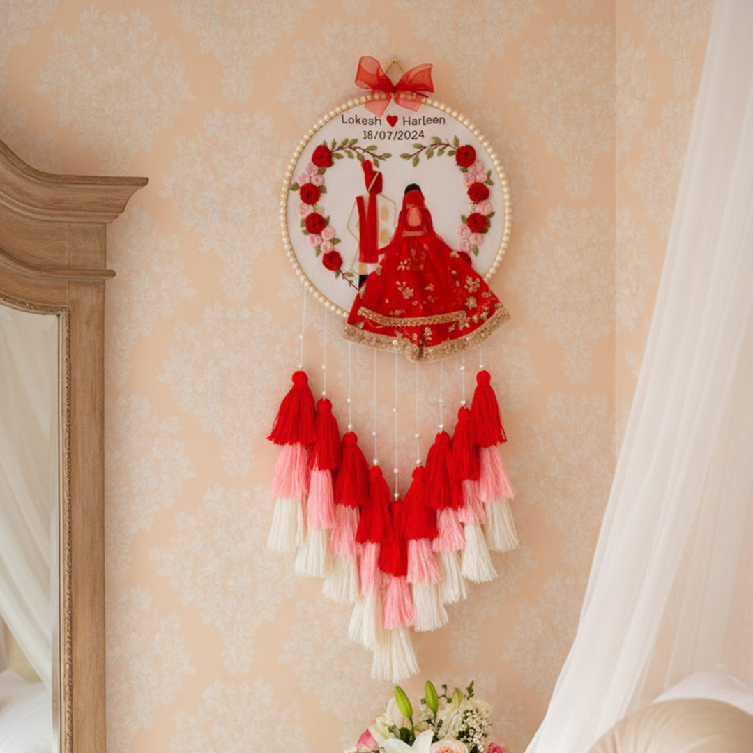 Personalized Embroidered Red & Pink Wedding Plaque With Tassels