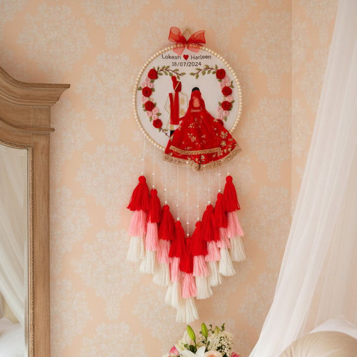 Personalized Embroidered Red & Pink Wedding Plaque With Tassels