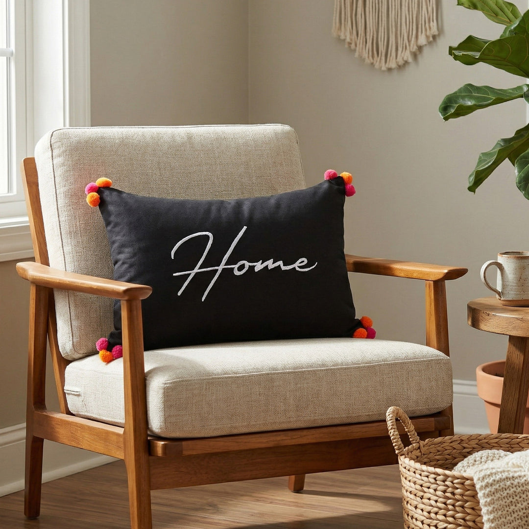 Black Cotton Home Pom Pom Cushion