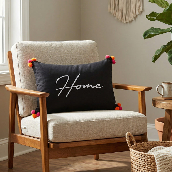 Black Cotton Home Pom Pom Cushion