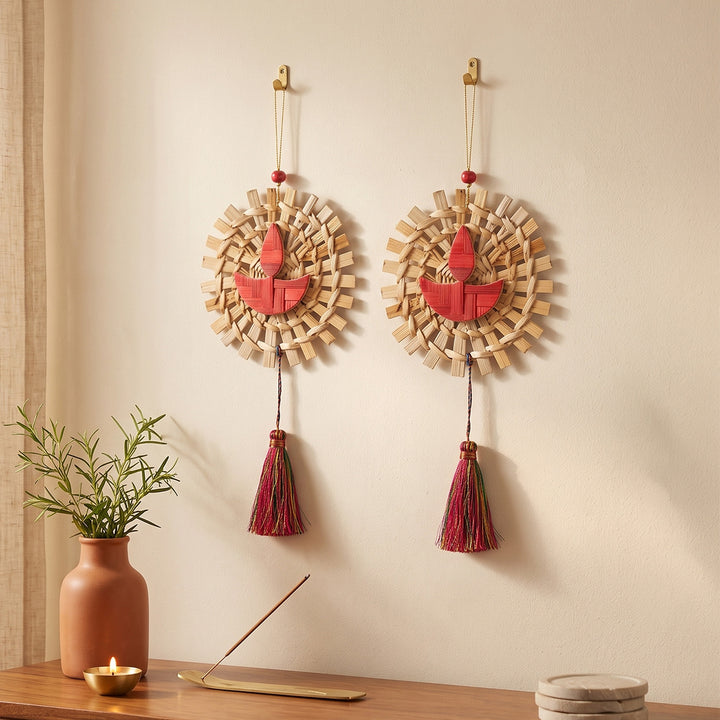 Set of 2 | "Mandala" Diya Handcrafted Bamboo Wall Hanging With Diya Accent For Festive Decor