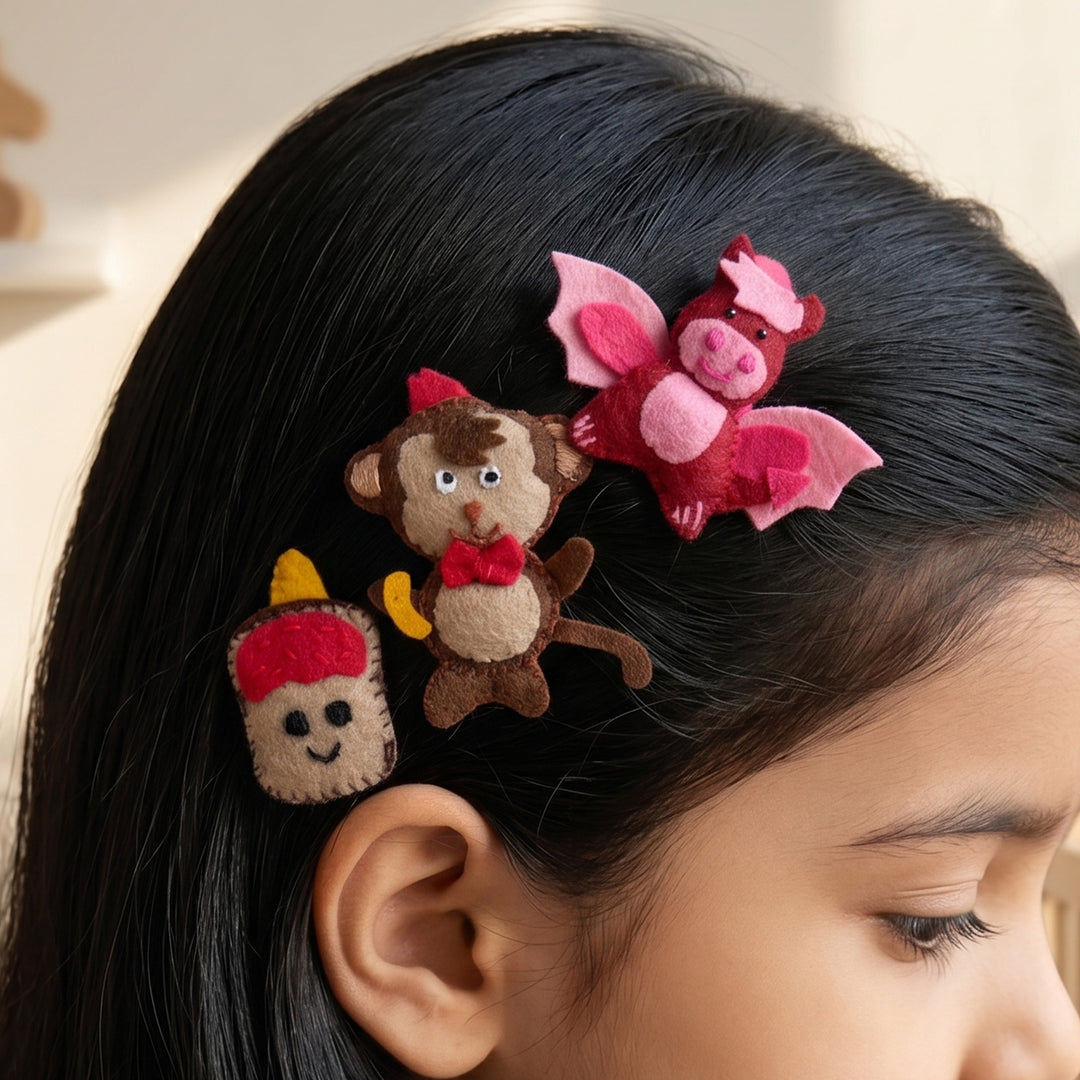 Handmade Dragon, Bread & Monkey Hair Clips | Set of 3