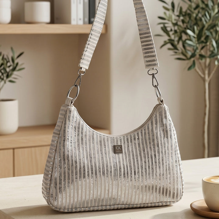 Silver and White Striped Upcycled Plastic Handcrafted Baguette Handbag