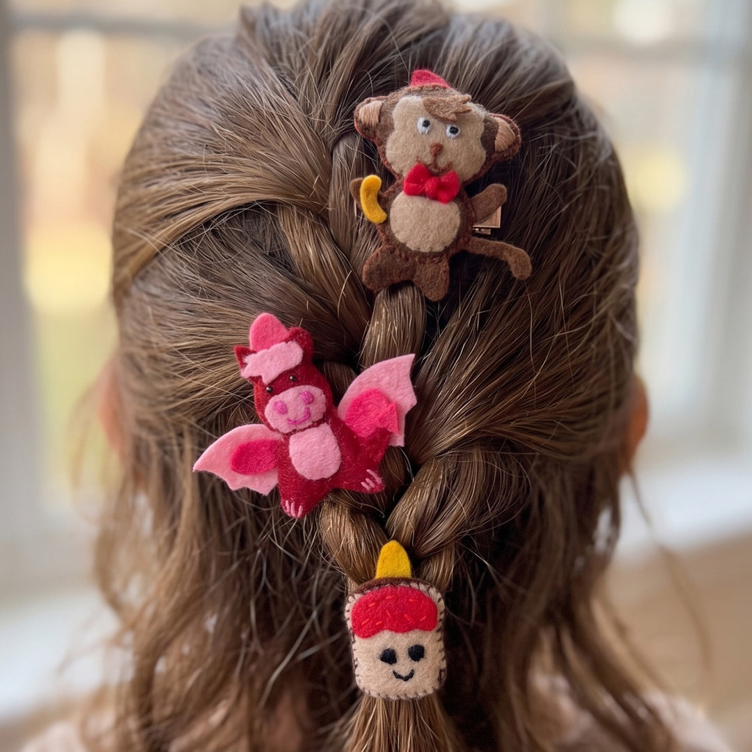 Handmade Dragon, Bread & Monkey Hair Clips | Set of 3
