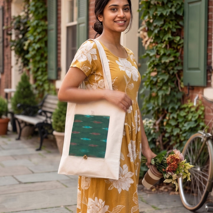 Handcrafted Foldable Cotton Ikat Tote Bag - Green