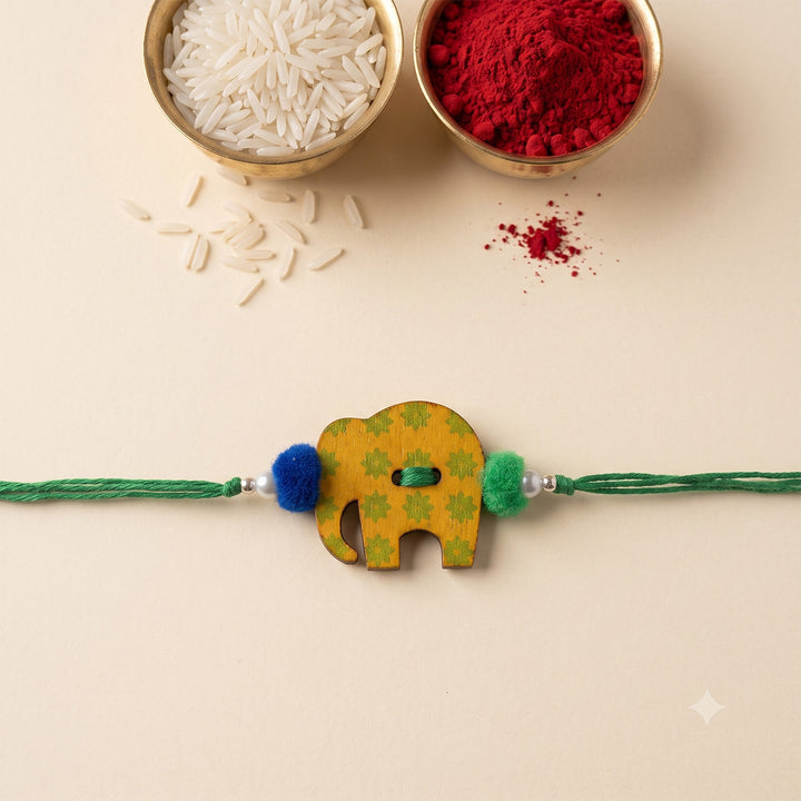 Gaju Elephant Handcrafted Wooden Kids Rakhi With Roli Chawal For Brother