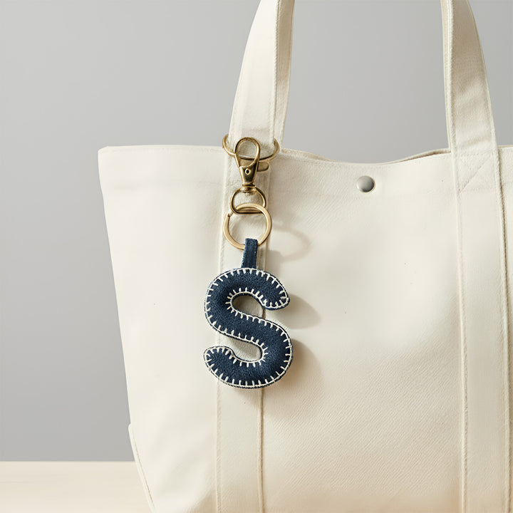 Hand Embroidered Upcycled Jeans Fabric Alphabet Charm Antique Finish Bag Charm