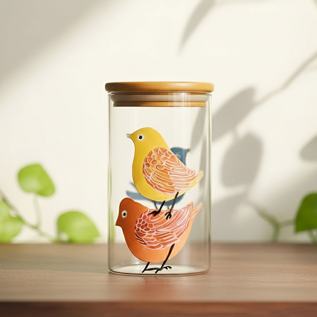 Hand-Painted Birdies Theme Glass Storage Container