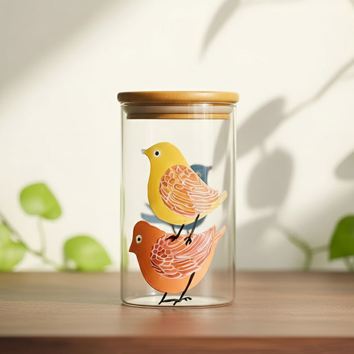 Hand-Painted Birdies Theme Glass Storage Container