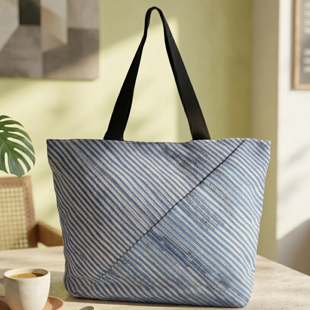 Silver and Blue Striped Upcycled Plastic Handcrafted Beach Tote Bag