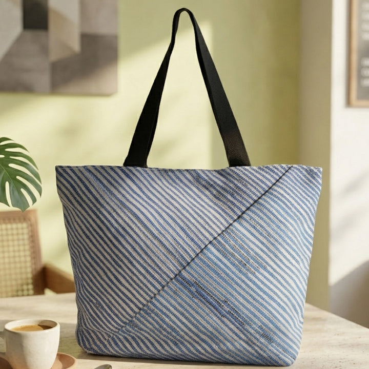 Silver and Blue Striped Upcycled Plastic Handcrafted Beach Tote Bag
