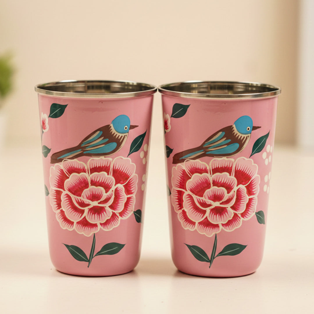 2Pc | Hand-Painted Pink Birds Kashmiri Art Stainless Steel Large Glasses