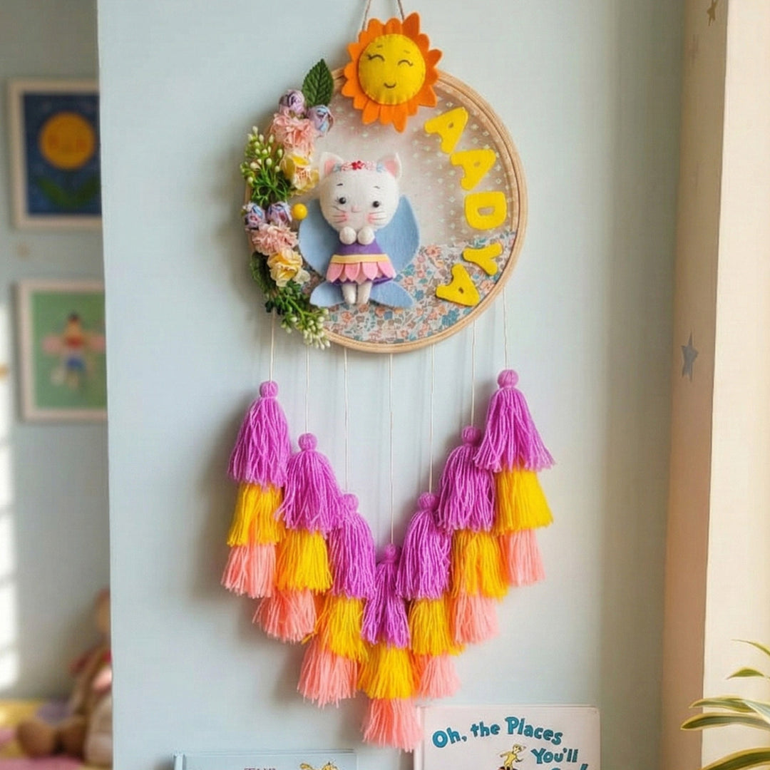 Personalized Cat Theme Kids Name Plate With Tassels