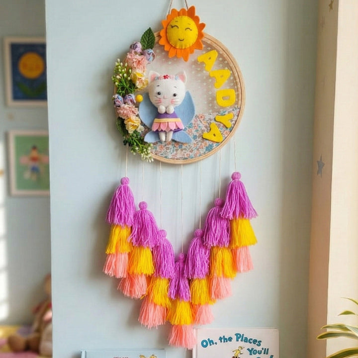 Personalized Cat Theme Kids Name Plate With Tassels