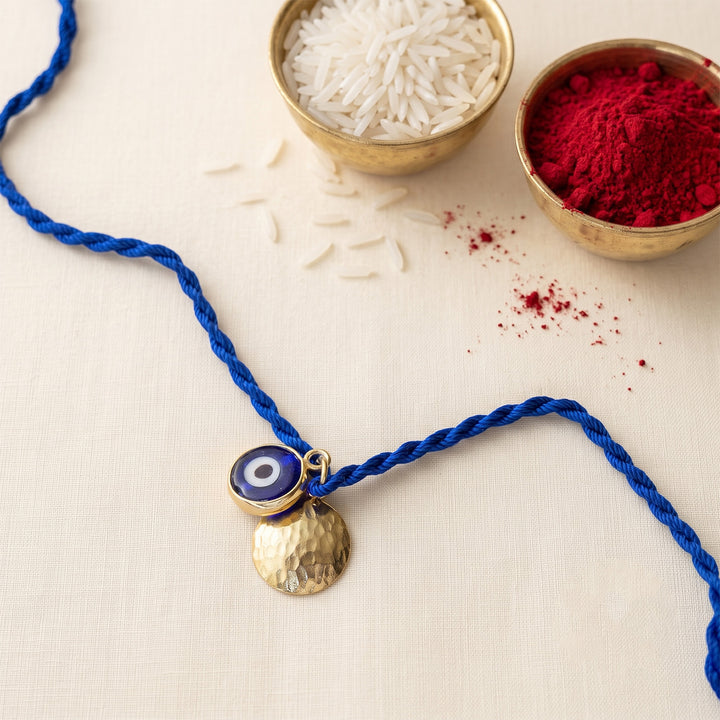 Evil Eye Multi-Wearable Gold Plated Sterling Silver Charm Rakhi With Roli Chawal For Brother