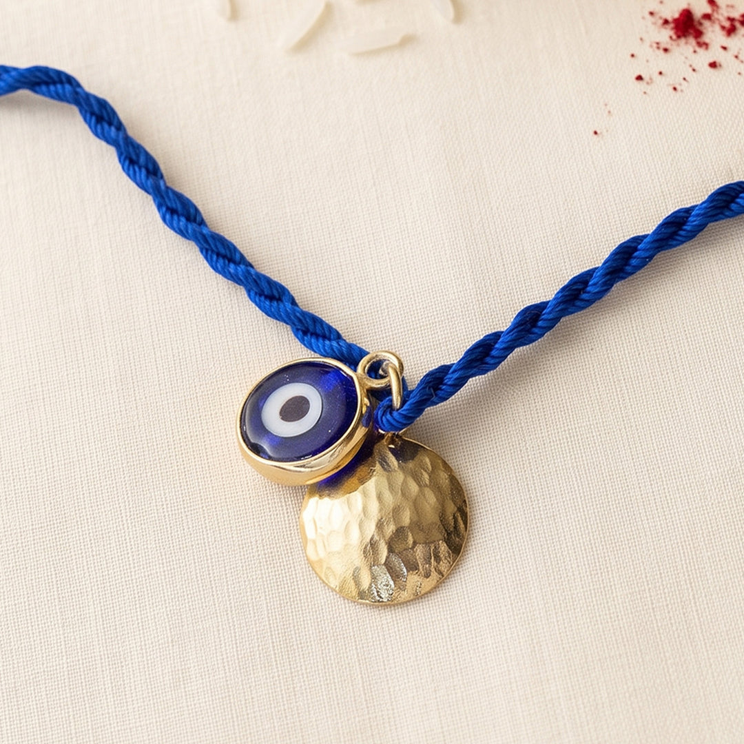 Evil Eye Multi-Wearable Gold Plated Sterling Silver Charm Rakhi With Roli Chawal For Brother