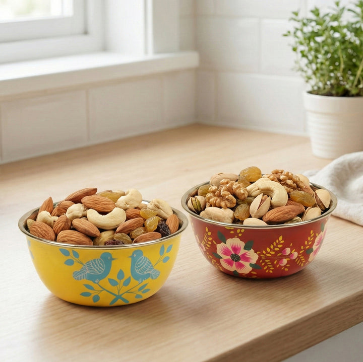 2Pc | Hand-Painted Yellow & Red Floral Kashmiri Art Stainless Steel Large Bowls