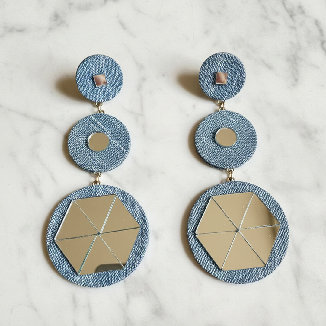 Handmade Layered Mirror Work Denim Earrings