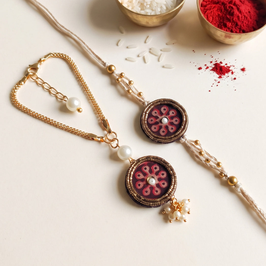 Phool Ajrakh Block Print Rakhi & Lumba Set With Roli Chawal For Bhaiya Bhabhi | Set of 2