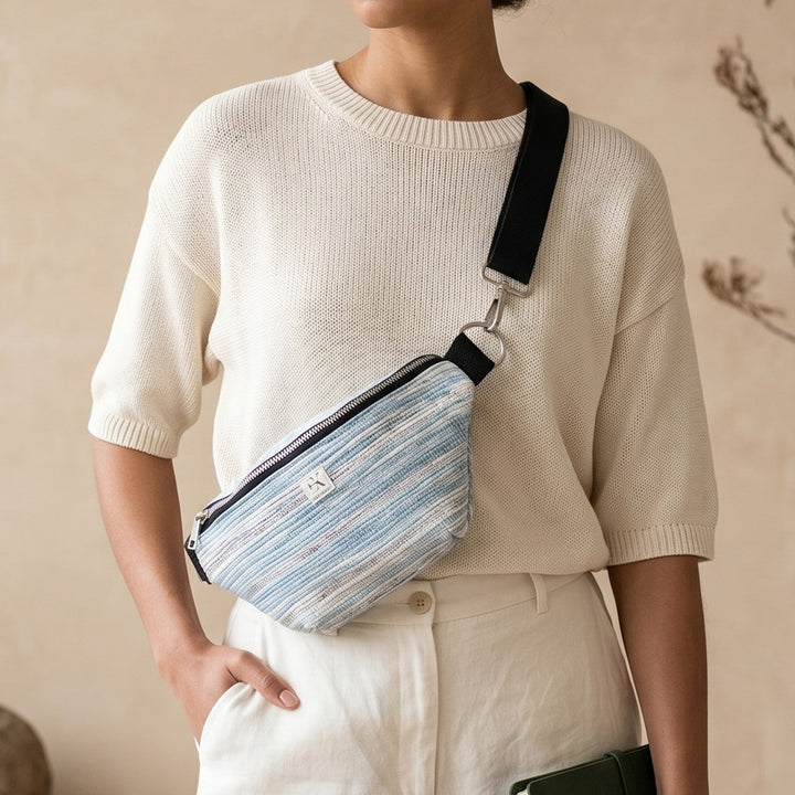 Blue and White Upcycled Handcrafted Lightweight Plastic Fanny Pack Crossbody Bag