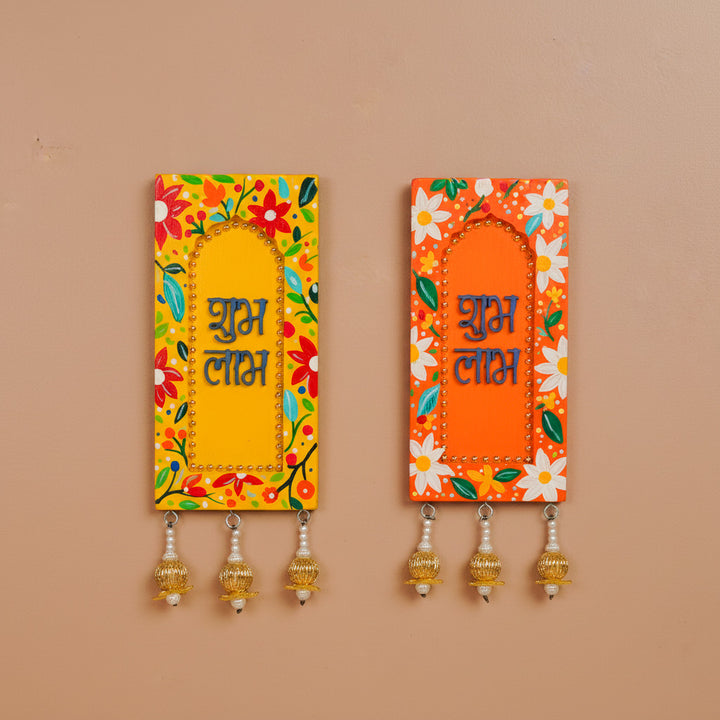 Hand-Painted Floral Shubh Labh Jharokha MDF Wood Hanging