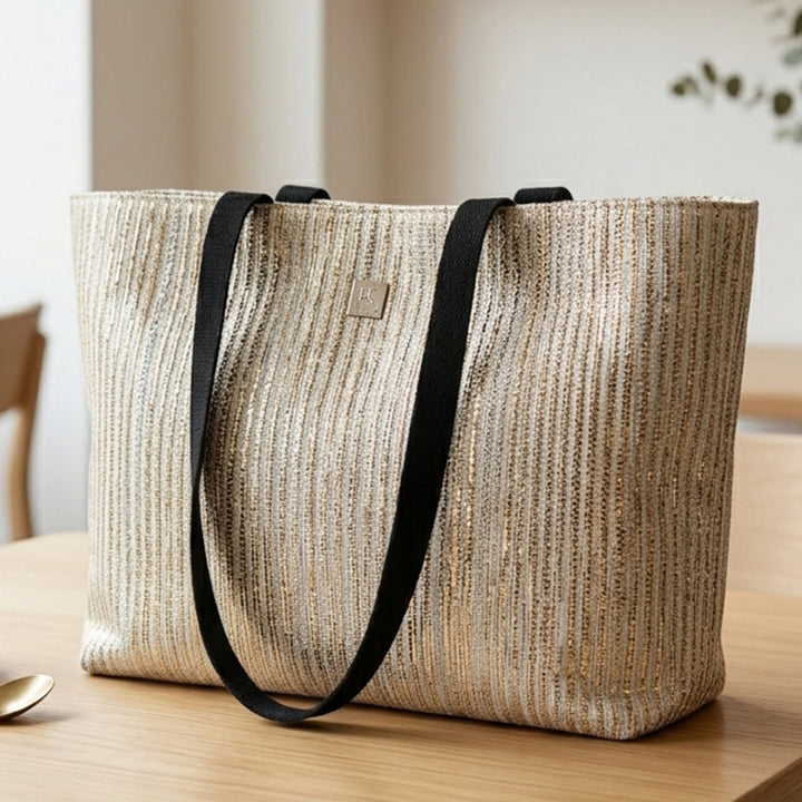 Handcrafted Golden and Silver Striped Upcycled Plastic 16" Office Tote Bag