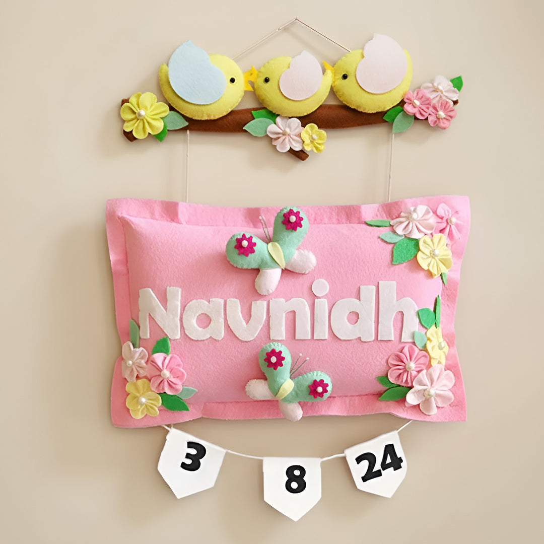 Hand-stitched Pillow & Bird Theme Felt Kids Nameplate