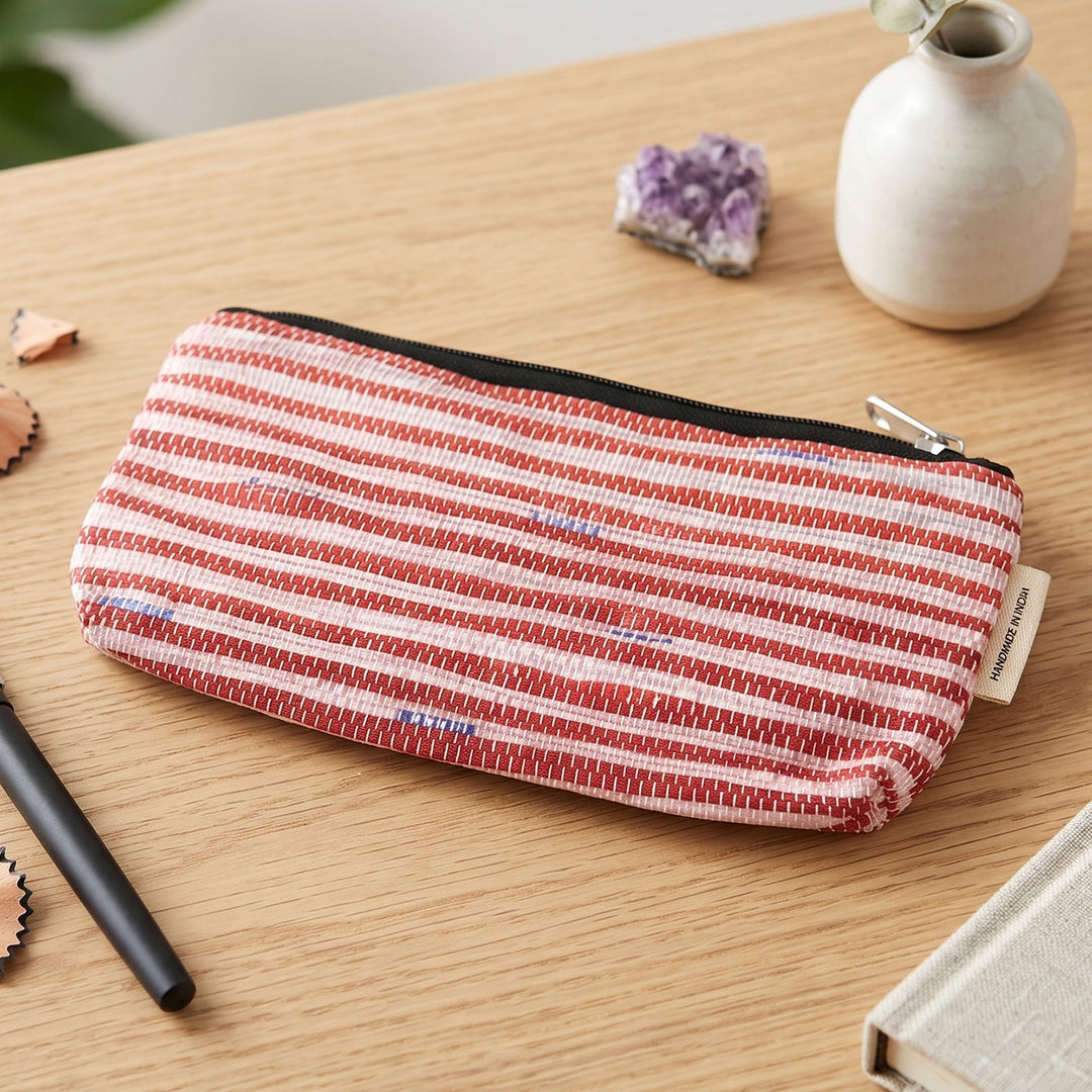 White and Silver Striped Upcycled Plastic Handcrafted Multi-Purpose Pouch