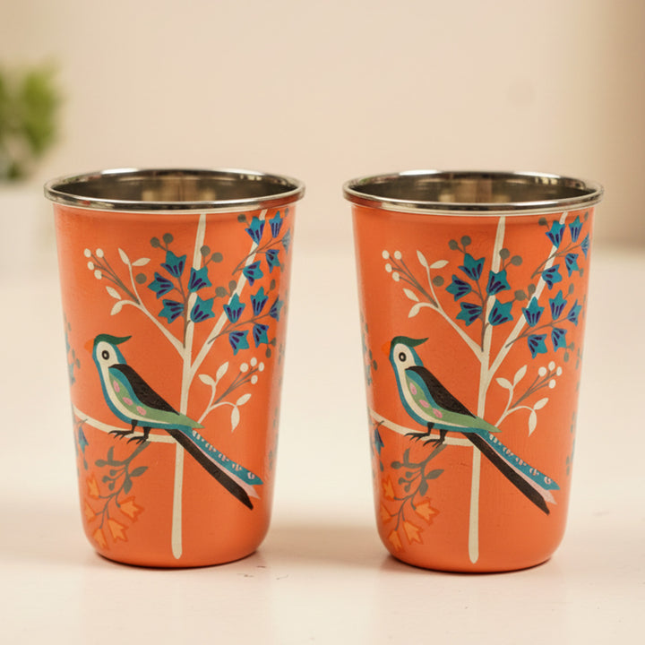 2Pc | Hand-Painted Orange Birds Kashmiri Art Stainless Steel Large Glasses