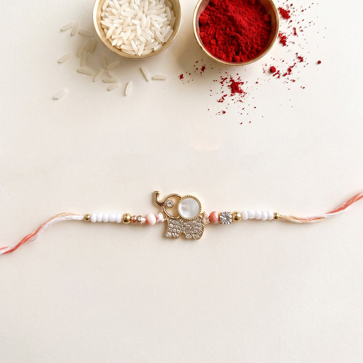Kundan & Bead Elephant Motif Kids Rakhi With Roli Chawal