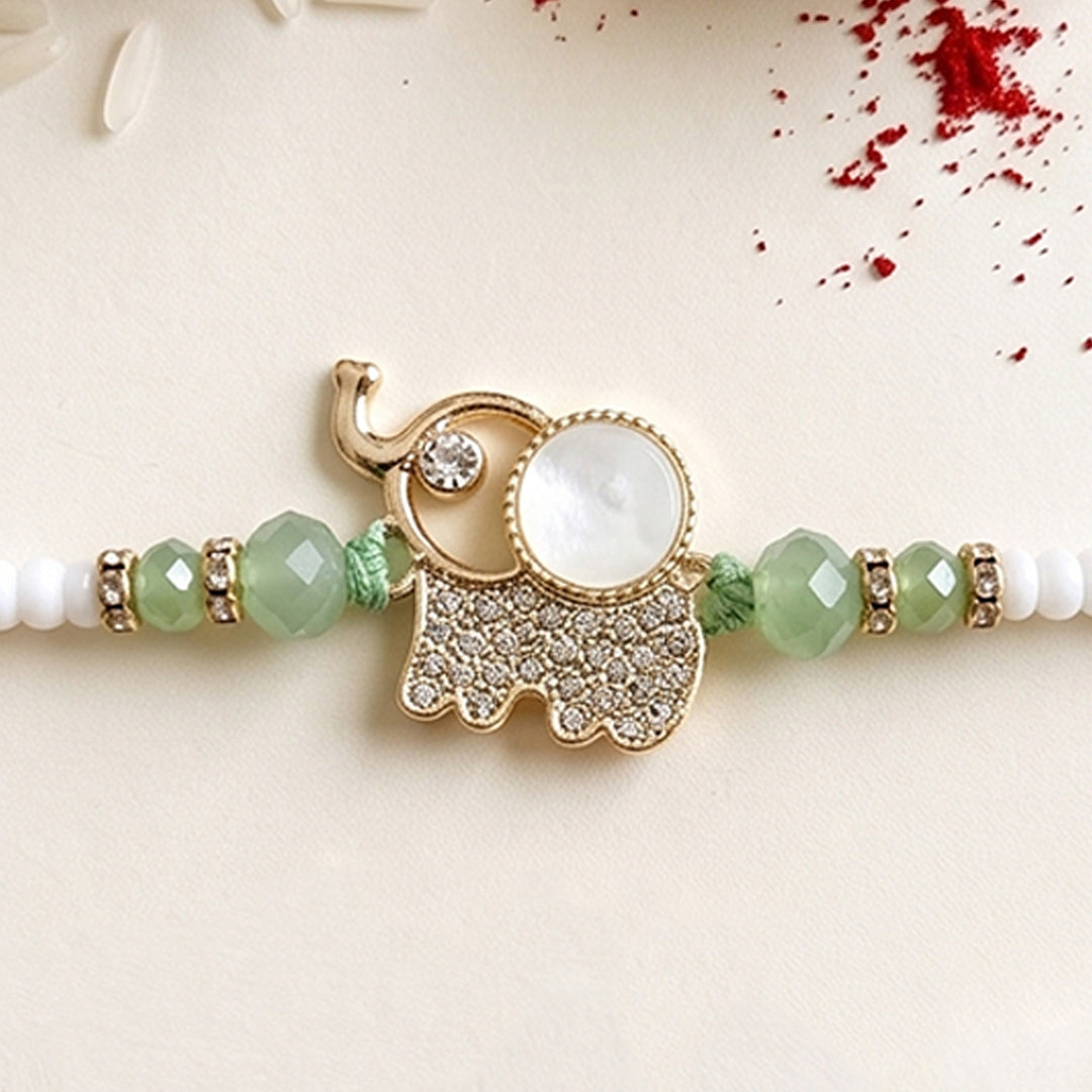 Kundan & Bead Elephant Motif Kids Rakhi With Roli Chawal