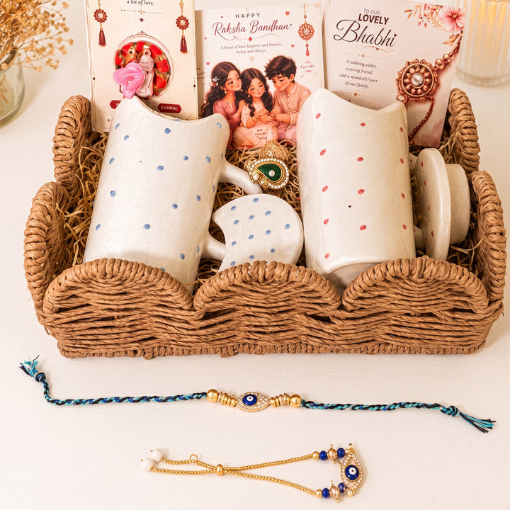 "Perfect Jodi" Ceramic Sipper Rakhi Hamper With Metal Basket & Rakhi Set For Bhaiya Bhabhi