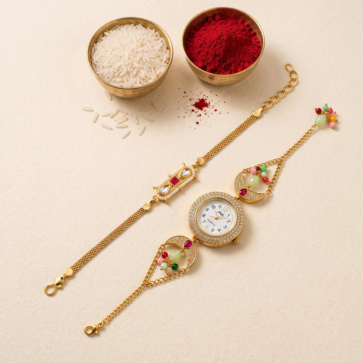 Handmade Kundan & Pearl Golden Heirloom Rakhi & Bhabhi Watch Combo For Bhaiya Bhabhi | Set of 2