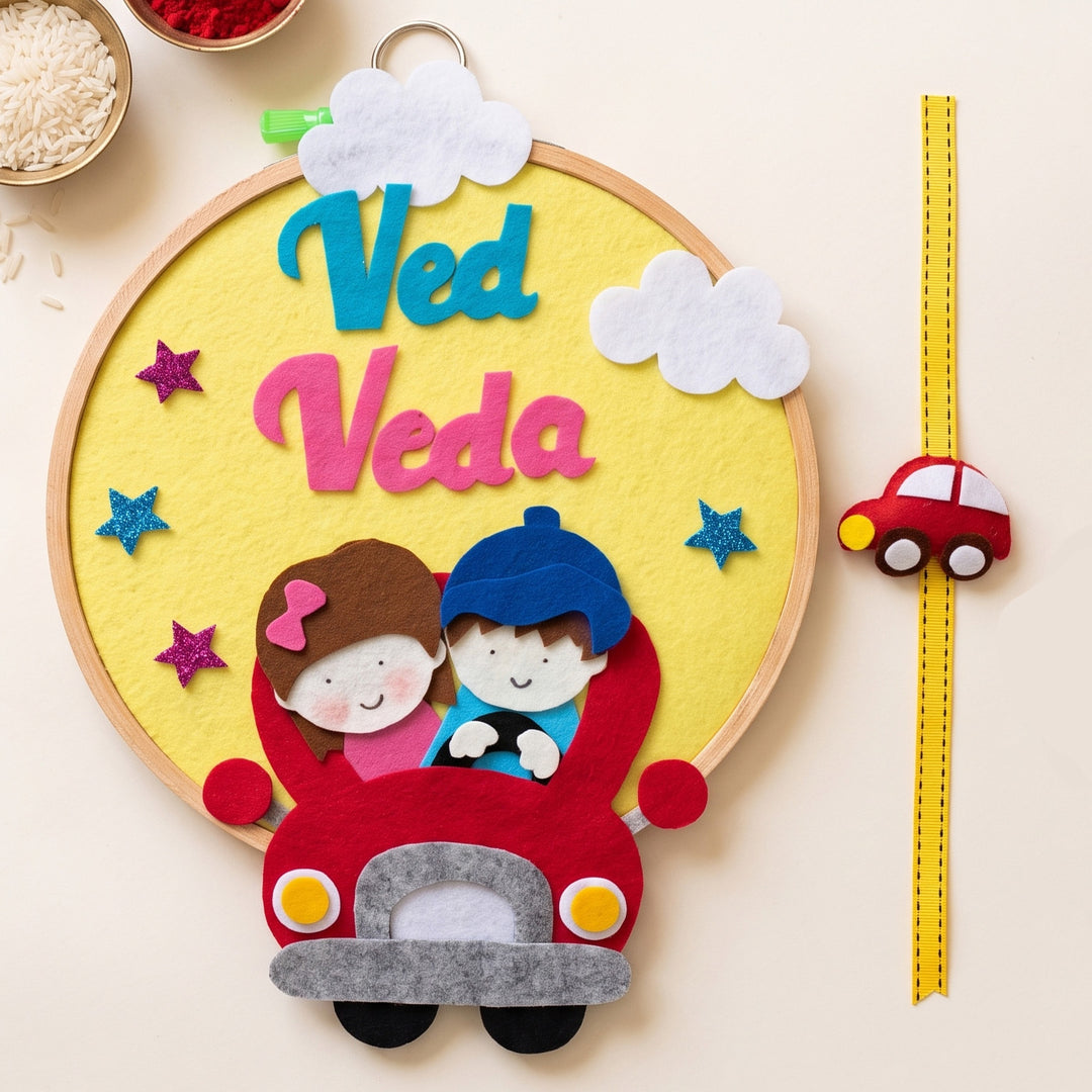 Personalised Handmade Felt Car Rakhi With Matching Hoop Hanging & Roli Chawal For Brother