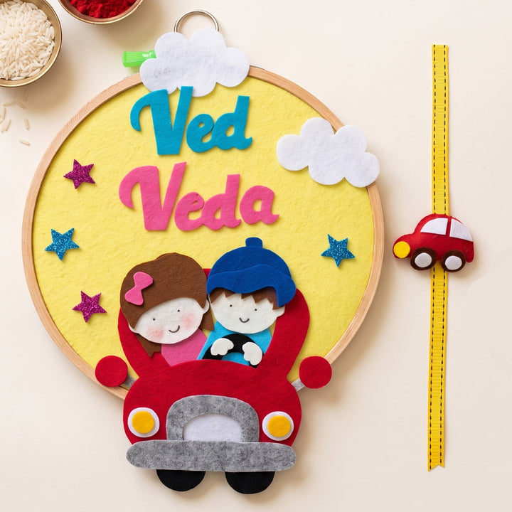 Personalised Handmade Felt Car Rakhi With Matching Hoop Hanging & Roli Chawal For Brother