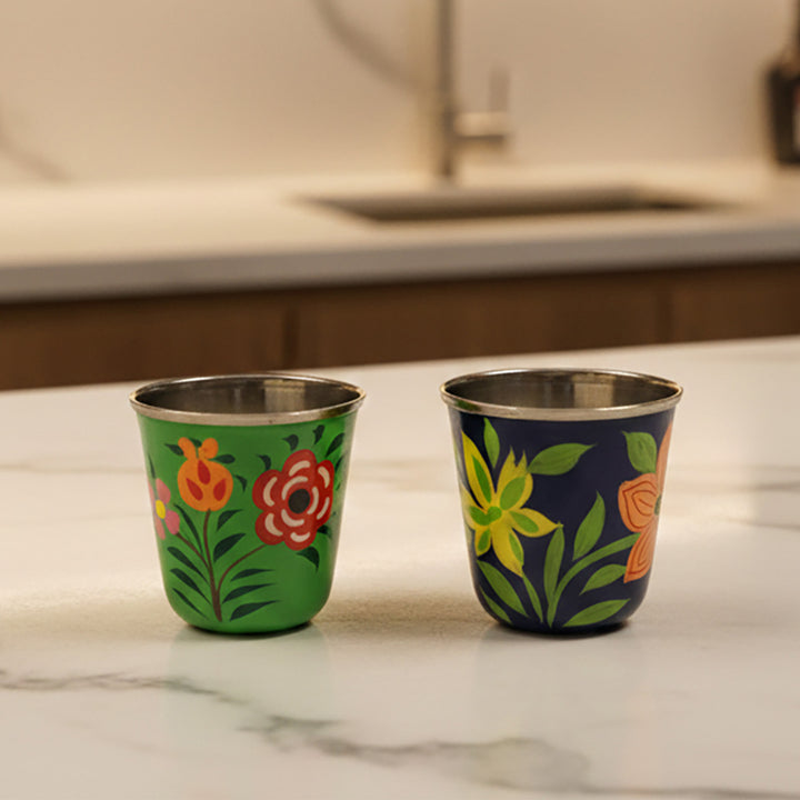 2Pc | Hand-Painted Green & Blue Floral Kashmiri Art Stainless Steel Shot Glasses