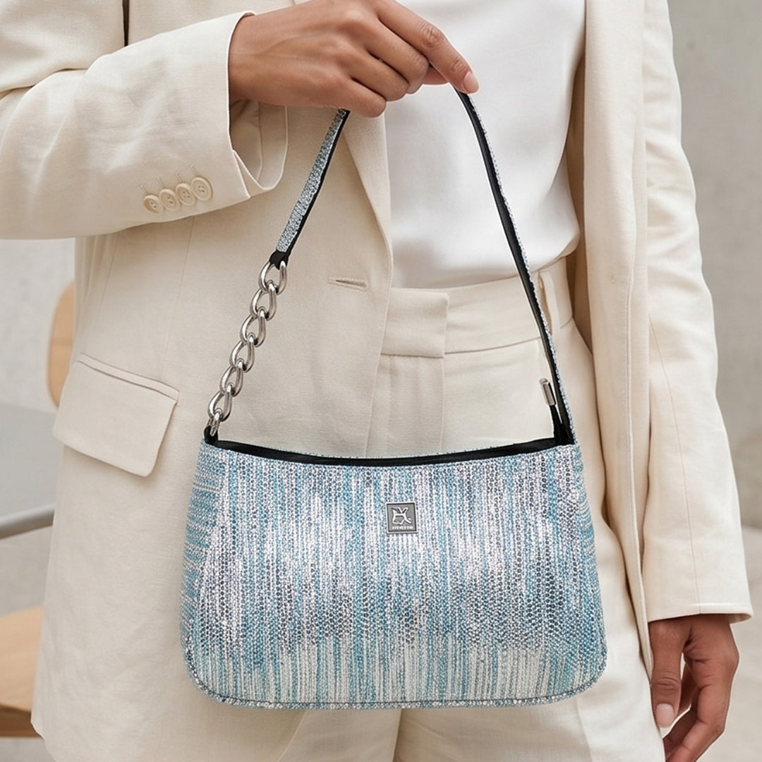 Indigo Blue and Silver Striped Upcycled Plastic Handcrafted Mini Baguette Handbag