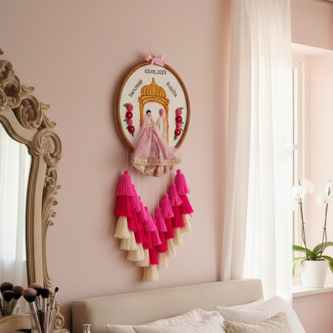 Personalized Embroidered Floral Pink Wedding Plaque With Tassels